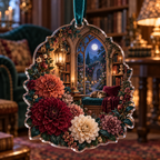 One christmas ornament with an original Dahlia Lantern Library, dimensional dahlias, arched bookshelves and moonlit library depth.