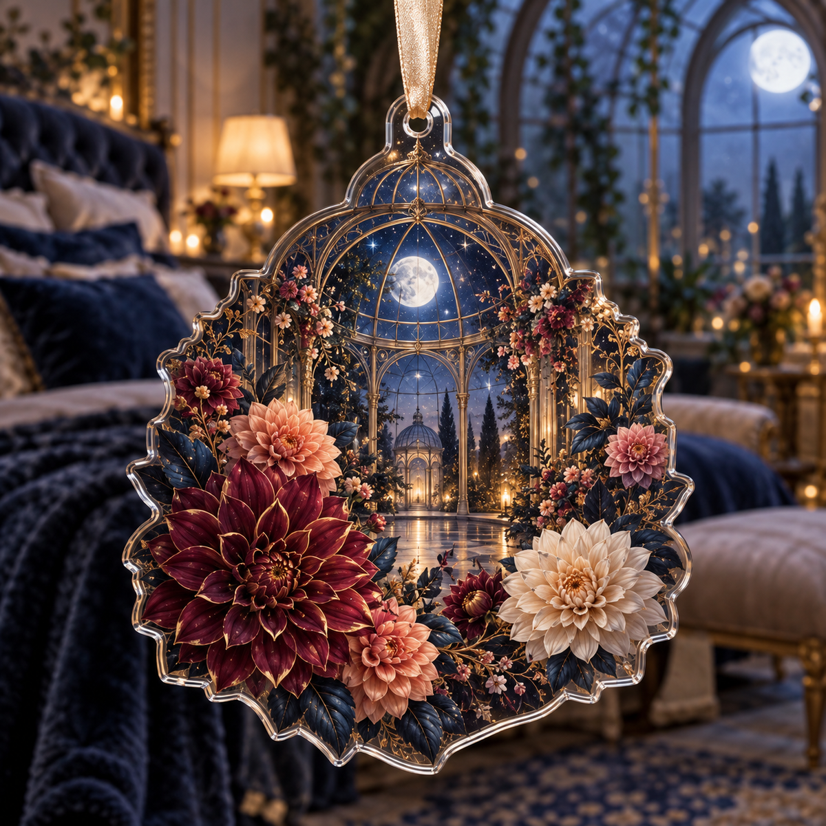 One christmas ornament with an original Dahlia Starlight Conservatory, dimensional dahlias, moonlit arches and conservatory depth.