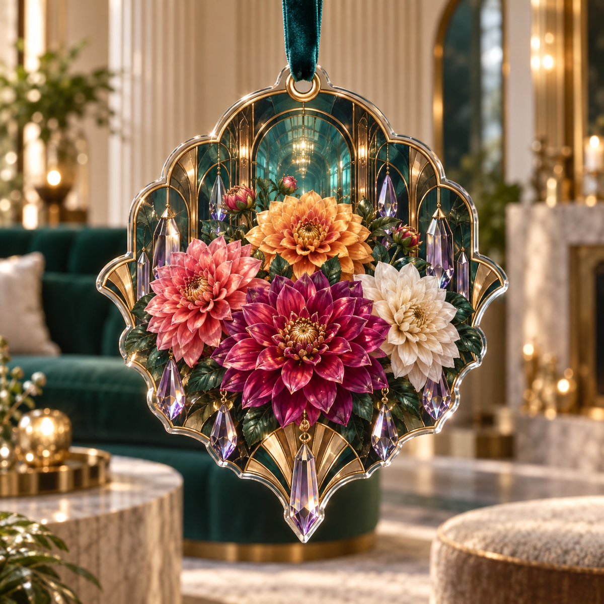 One christmas ornament with an original Dahlia Prism Salon, dimensional dahlias, crystal prisms and Art Deco salon depth.