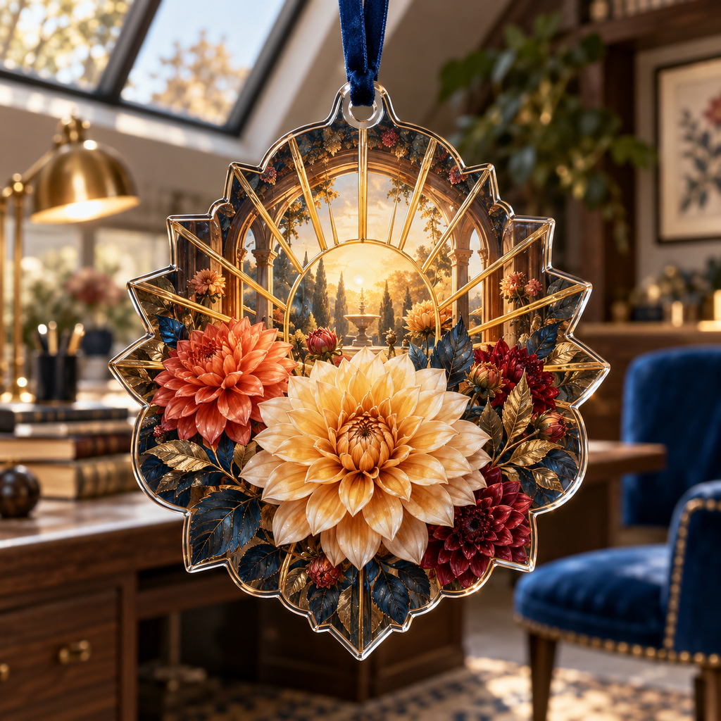 One christmas ornament with an original Dahlia Sunburst Study, dimensional dahlias, sunburst medallions and skylit study depth.