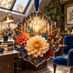 One christmas ornament with an original Dahlia Sunburst Study, dimensional dahlias, sunburst medallions and skylit study depth.