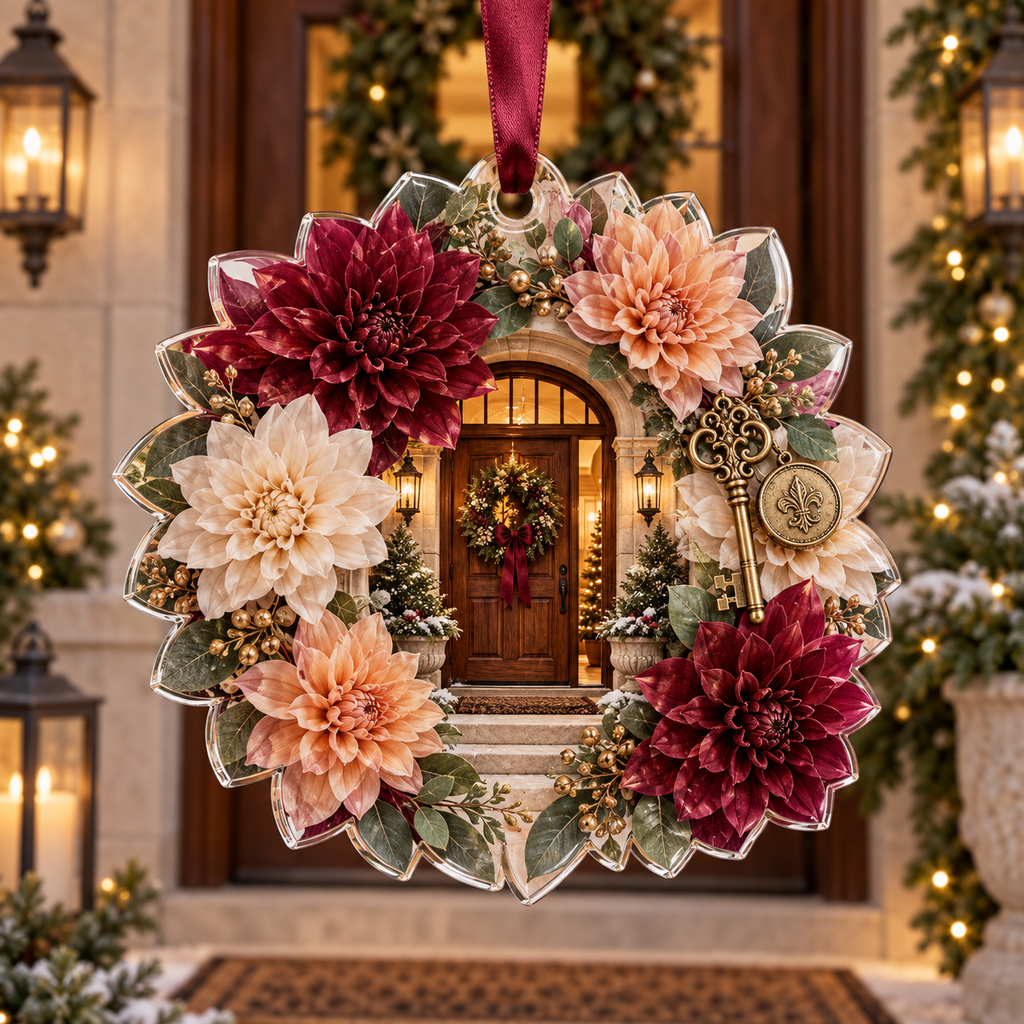 One christmas ornament with an original Dahlia Heirloom Welcome, dimensional dahlias, heirloom keys and welcoming threshold depth.