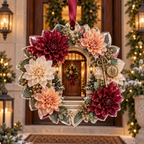 One christmas ornament with an original Dahlia Heirloom Welcome, dimensional dahlias, heirloom keys and welcoming threshold depth.