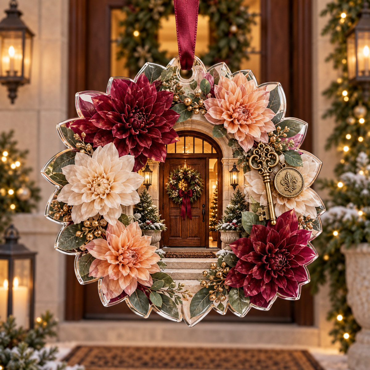 One christmas ornament with an original Dahlia Heirloom Welcome, dimensional dahlias, heirloom keys and welcoming threshold depth.