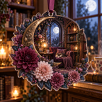 One christmas ornament with an original Dahlia Moonlit Reading Alcove, dimensional dahlias, moonlit books and reading-alcove depth.