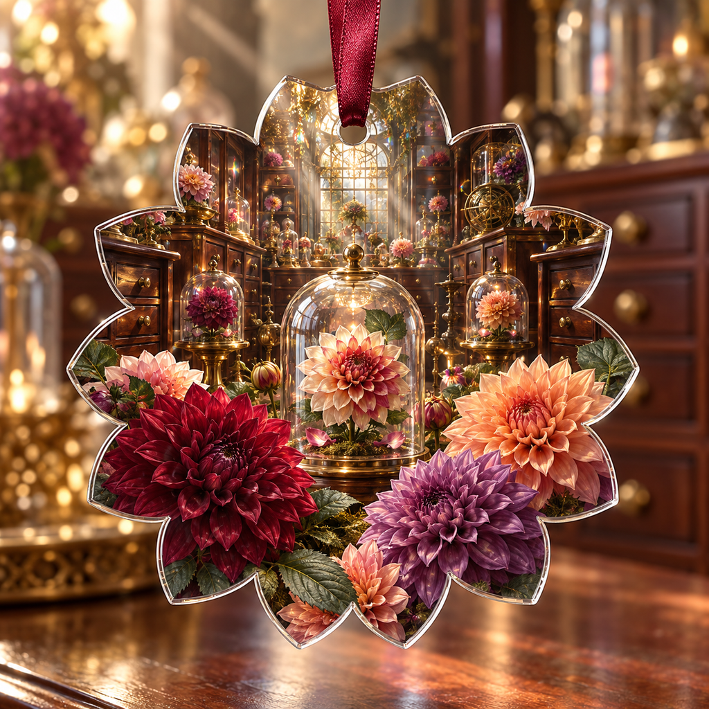 One christmas ornament with an original Dahlia Curator's Cabinet, dimensional dahlias, glass specimens and collector-gallery depth.