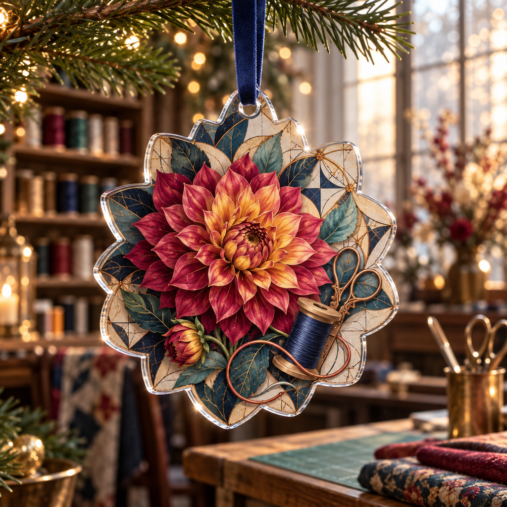 One christmas ornament with an original Dahlia Maker Atelier, dimensional dahlias, thread arcs and maker-studio depth.