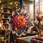 One christmas ornament with an original Dahlia Maker Atelier, dimensional dahlias, thread arcs and maker-studio depth.