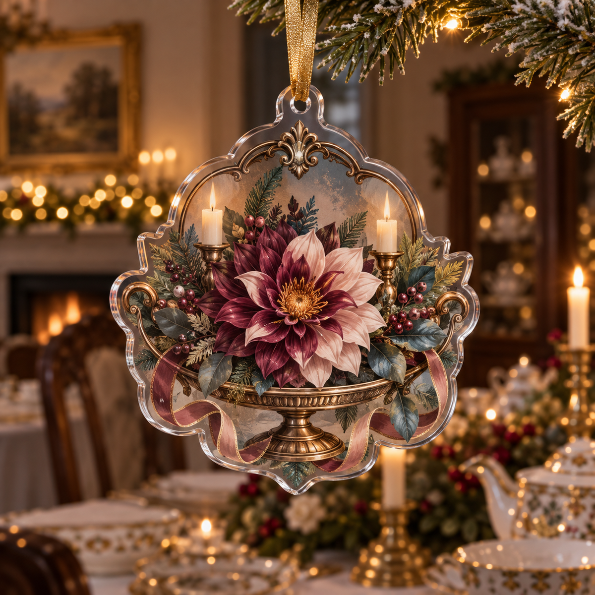 One christmas ornament with an original Dahlia Gratitude Supper, dimensional dahlias, candle halos and gracious-hosting depth.