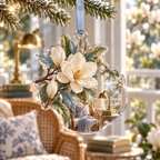 One christmas ornament with an original Magnolia Veranda Reading Nest, dimensional magnolias, veranda windows and reading-nook depth.