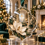 One christmas ornament with an original Magnolia Gilded Atrium Salon, dimensional magnolias, gilded atrium arches and salon depth.