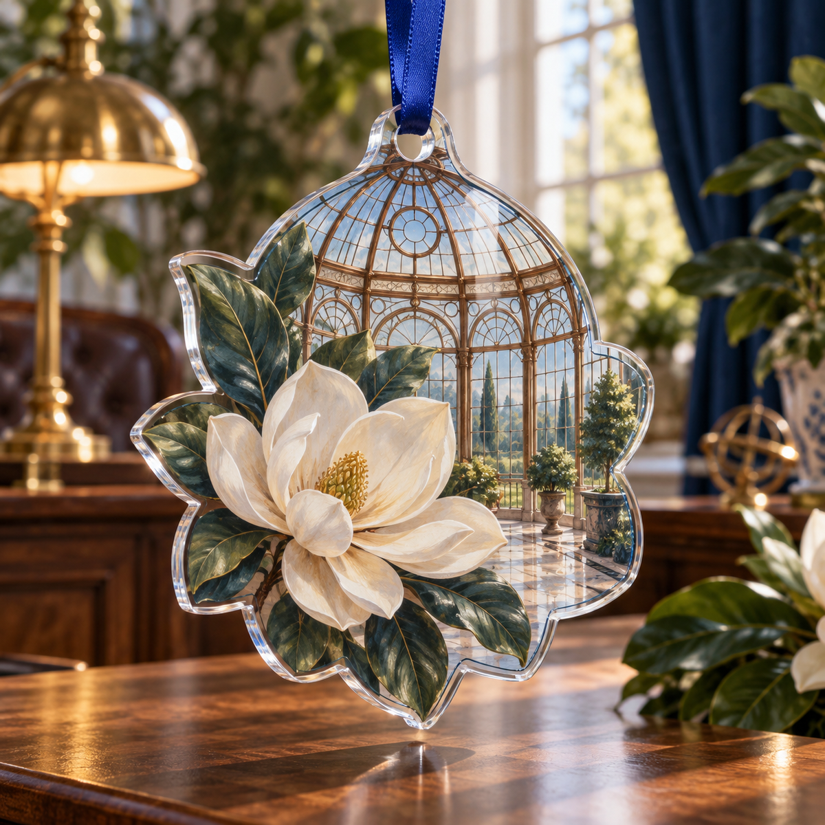 One christmas ornament with an original Magnolia Blueprint Conservatory, dimensional magnolias, copper conservatory ribs and office depth.