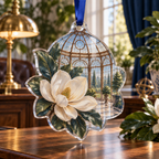 One christmas ornament with an original Magnolia Blueprint Conservatory, dimensional magnolias, copper conservatory ribs and office depth.