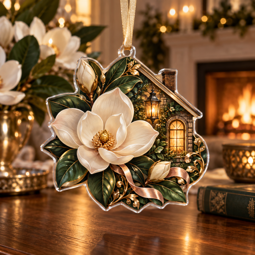 One christmas ornament with an original Magnolia Hearthlight Welcome, dimensional magnolias, amber lanterns and warm new-home depth.