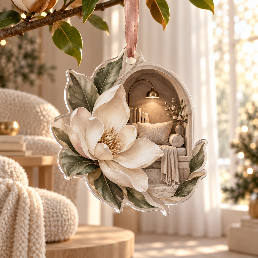 One christmas ornament with an original Magnolia Whispering Alcove, dimensional magnolias, arched niches and calm reading-corner depth.
