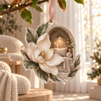 One christmas ornament with an original Magnolia Whispering Alcove, dimensional magnolias, arched niches and calm reading-corner depth.