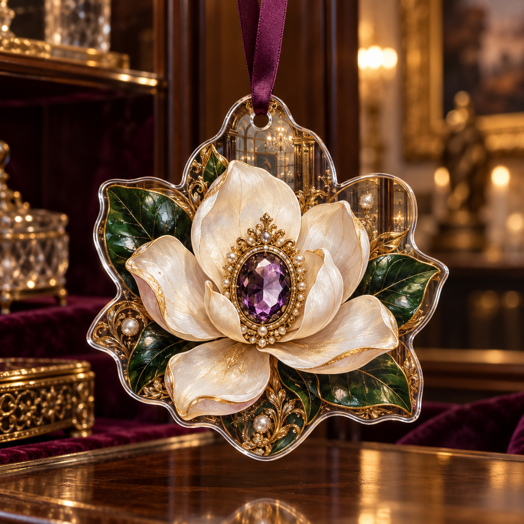 One christmas ornament with an original Magnolia Jewel Cabinet, pearl magnolias, jeweled cameos and collector-gallery depth.