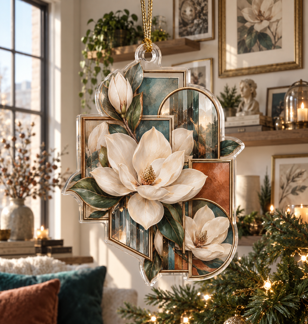 One christmas ornament with an original Magnolia Prism Gallery, ivory magnolias, floating frames and prismatic apartment-gallery depth.