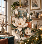 One christmas ornament with an original Magnolia Prism Gallery, ivory magnolias, floating frames and prismatic apartment-gallery depth.