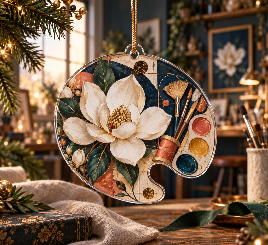 One christmas ornament with an original Magnolia Maker Atelier, ivory magnolias, creative tools and dimensional studio depth.