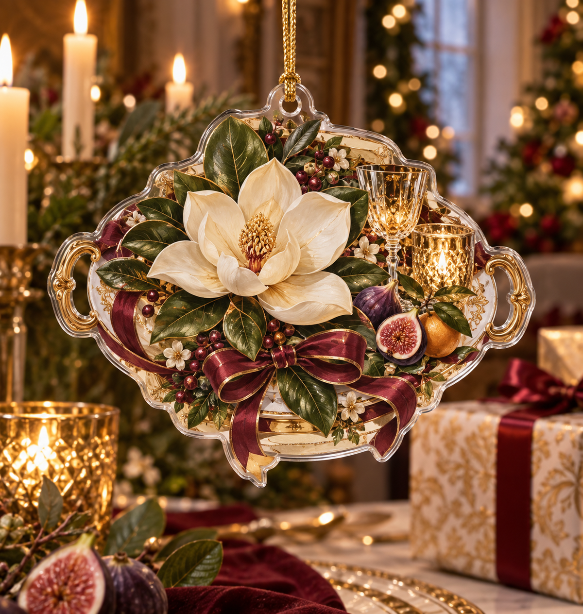 One christmas ornament with an original Magnolia Gratitude Feast, cream magnolias, ribbon loops and candlelit host-salon depth.