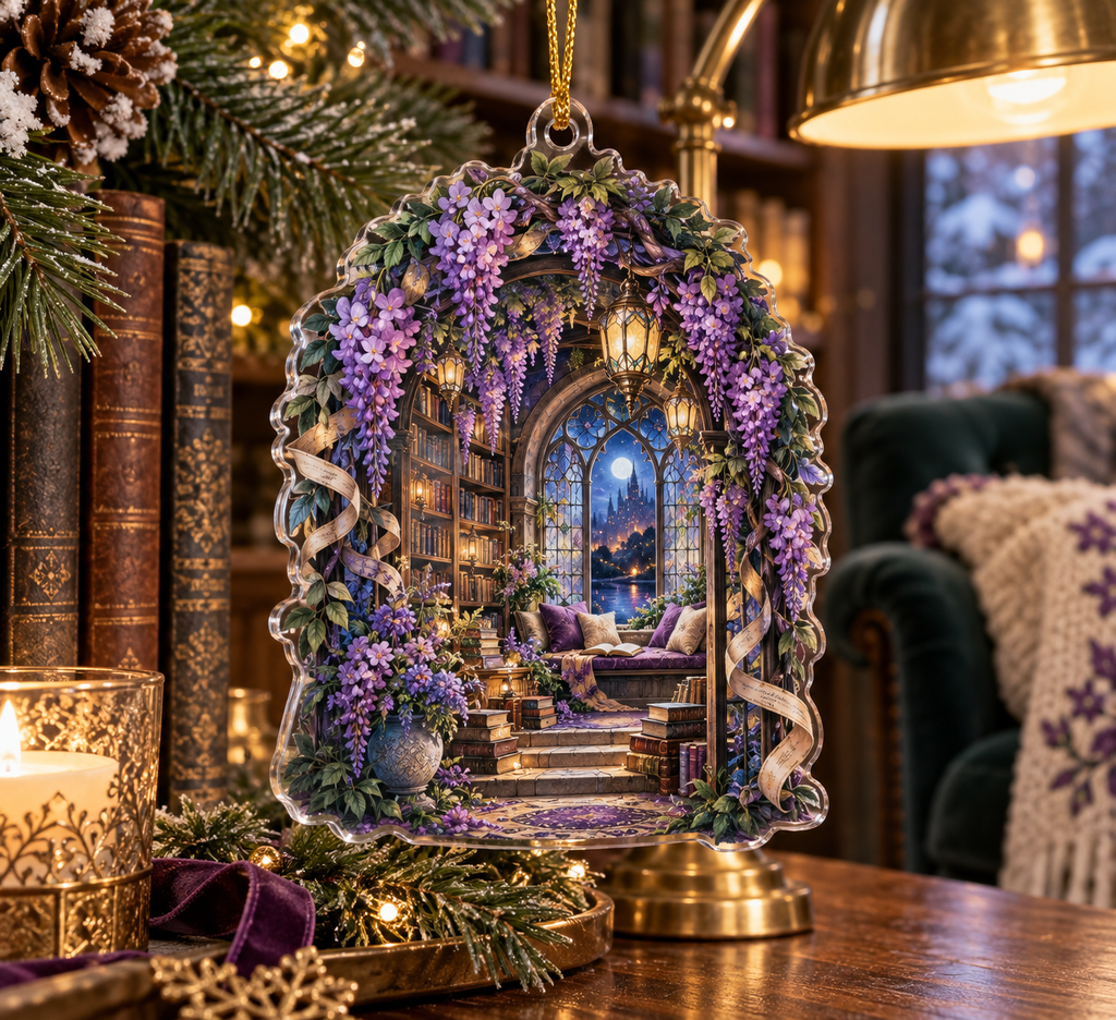 One christmas ornament with an original Wisteria Lantern Library, cascading violet blooms, book arches and moonlit reading-nook depth.