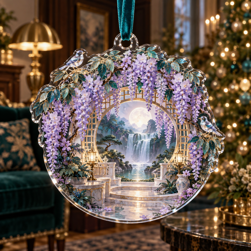 One christmas ornament with an original Wisteria Opal Moon Salon, waterfall blooms, circular moon gate and jewel-toned living-room depth.