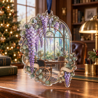 One christmas ornament with an original Wisteria Glasshouse Study, lilac cascades, copper drafting arcs and sunlit office depth.