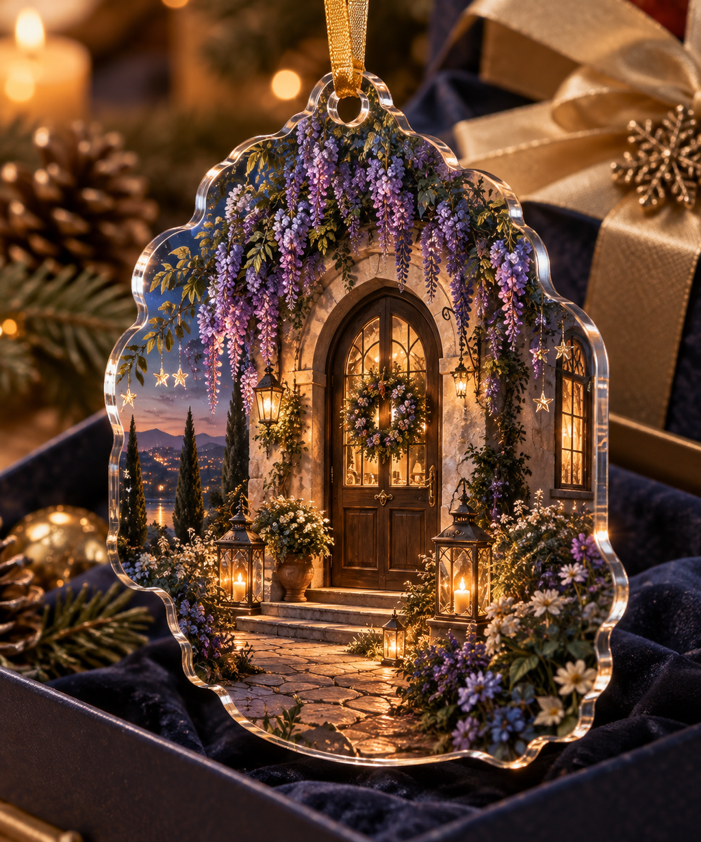 One christmas ornament with an original Wisteria Welcome Lantern House, glowing doorway, cascading lilac blooms and warm new-home depth.
