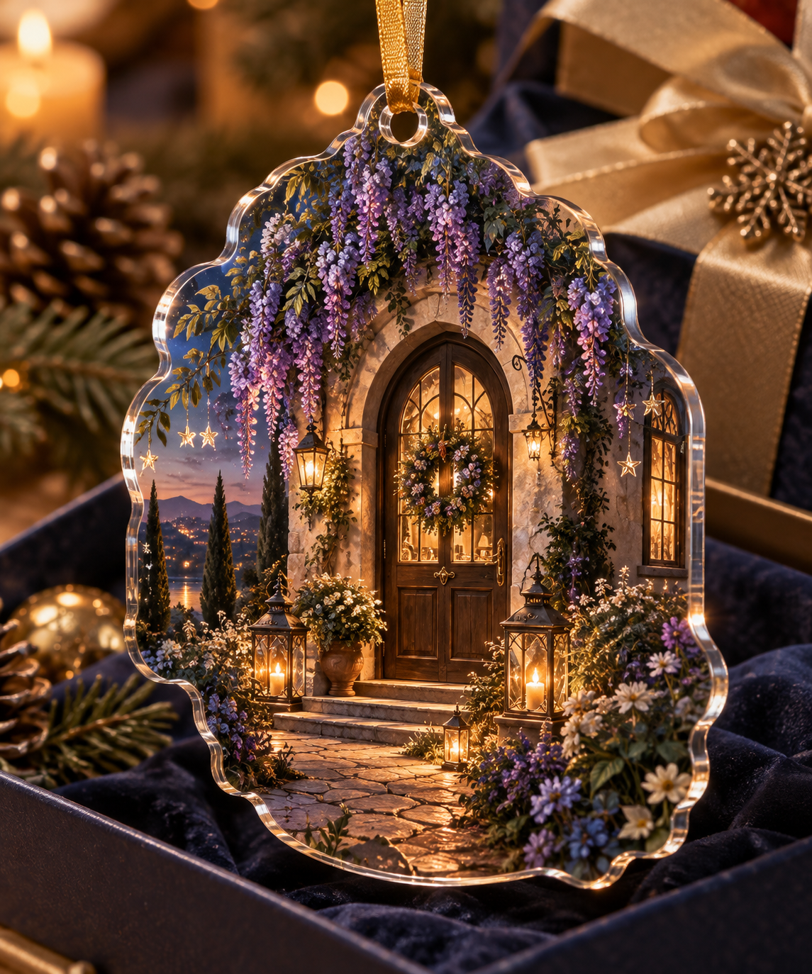 One christmas ornament with an original Wisteria Welcome Lantern House, glowing doorway, cascading lilac blooms and warm new-home depth.