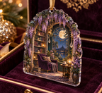 One christmas ornament with an original Wisteria Moonlit Reading Alcove, curved bookshelves, lavender cascades and warm moonlit depth.