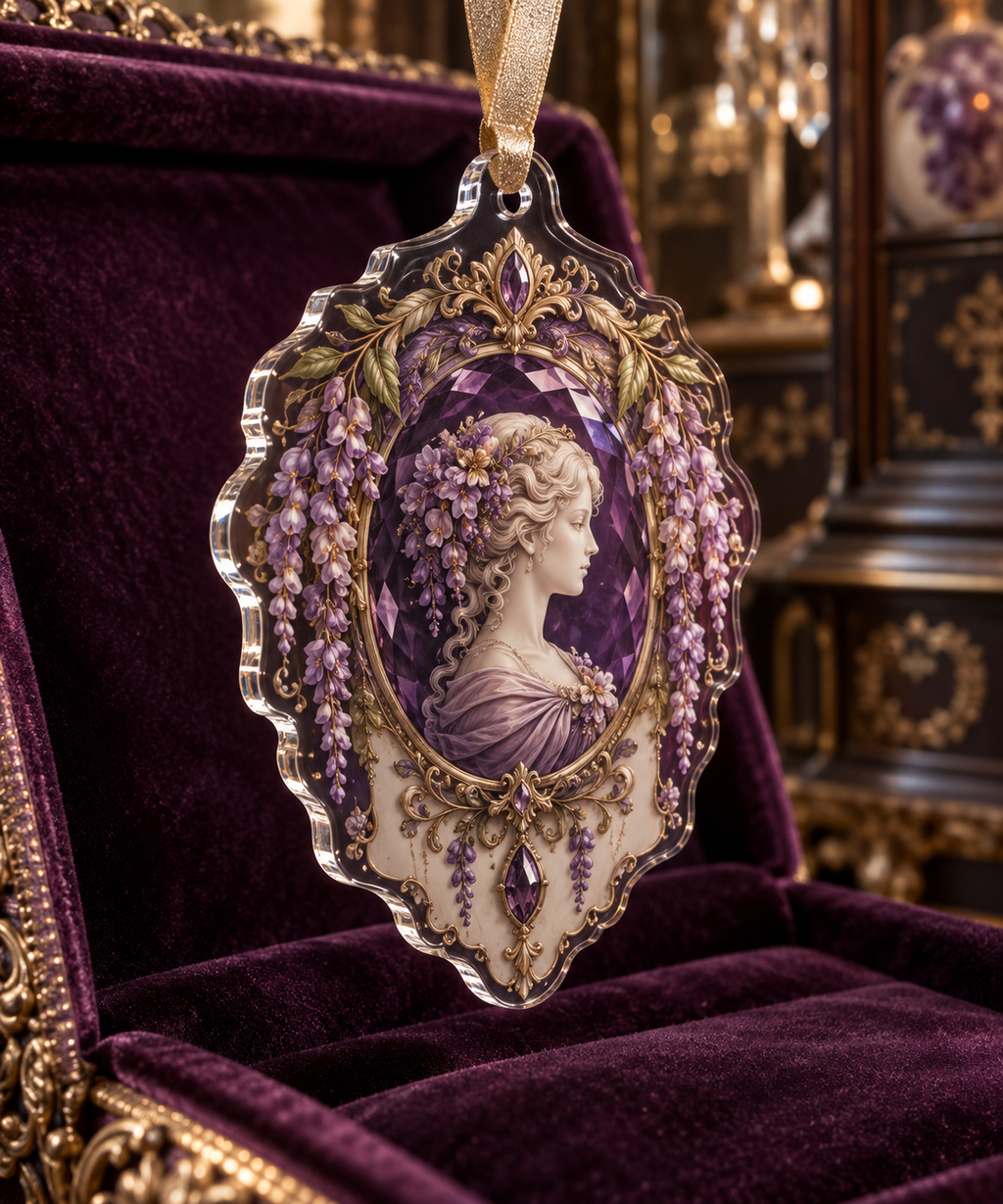 One christmas ornament with an original Wisteria Amethyst Cameo Gallery, cascading blooms, jewel filigree and collector depth.