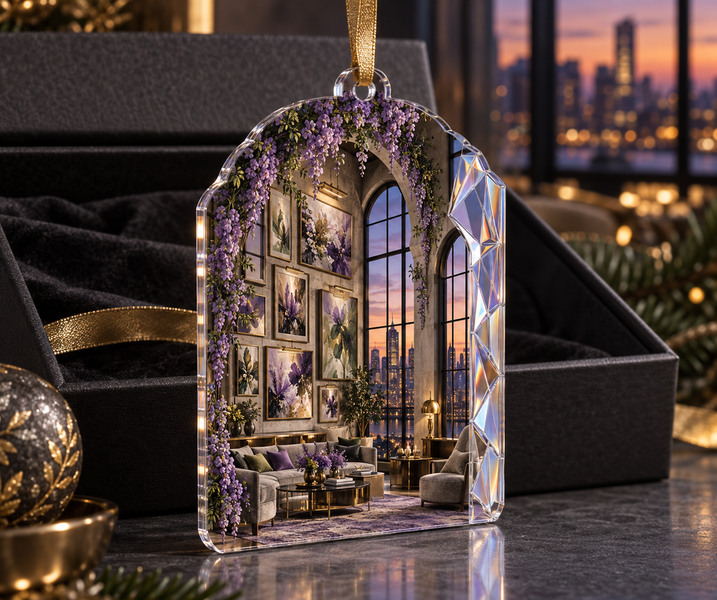 One christmas ornament with an original Wisteria Prism Loft Gallery, layered botanical frames, opal windows and city-dusk depth.