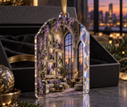One christmas ornament with an original Wisteria Prism Loft Gallery, layered botanical frames, opal windows and city-dusk depth.