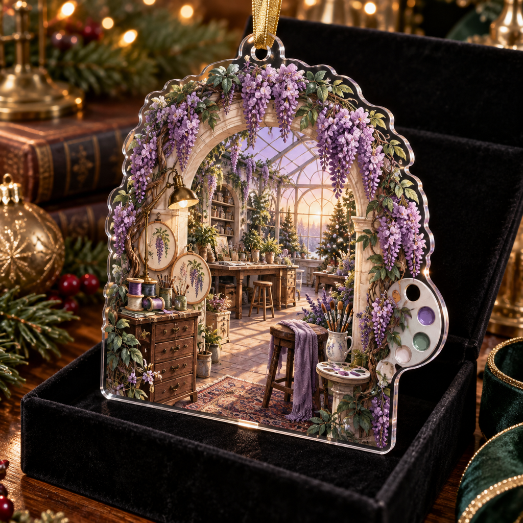 One christmas ornament with an original Wisteria Maker Atelier Arch, layered maker tools, greenhouse skylights and studio depth.