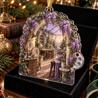 One christmas ornament with an original Wisteria Maker Atelier Arch, layered maker tools, greenhouse skylights and studio depth.