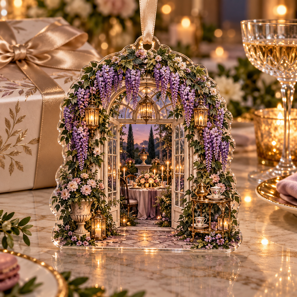 One christmas ornament with an original Wisteria Candlelit Welcome Conservatory, amber lanterns, garden doors and hospitality depth.