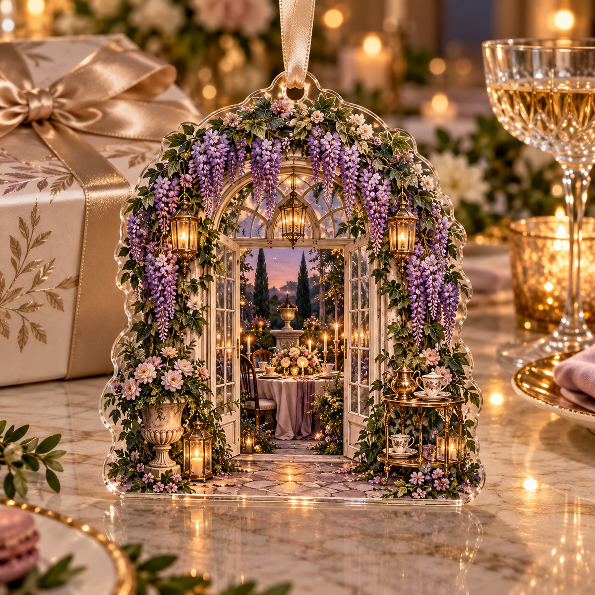 One christmas ornament with an original Wisteria Candlelit Welcome Conservatory, amber lanterns, garden doors and hospitality depth.