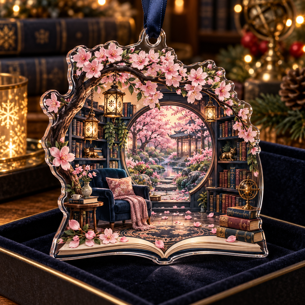 One christmas ornament with an original Sakura Lantern Library Alcove, layered shelves, blossom path and reading depth.