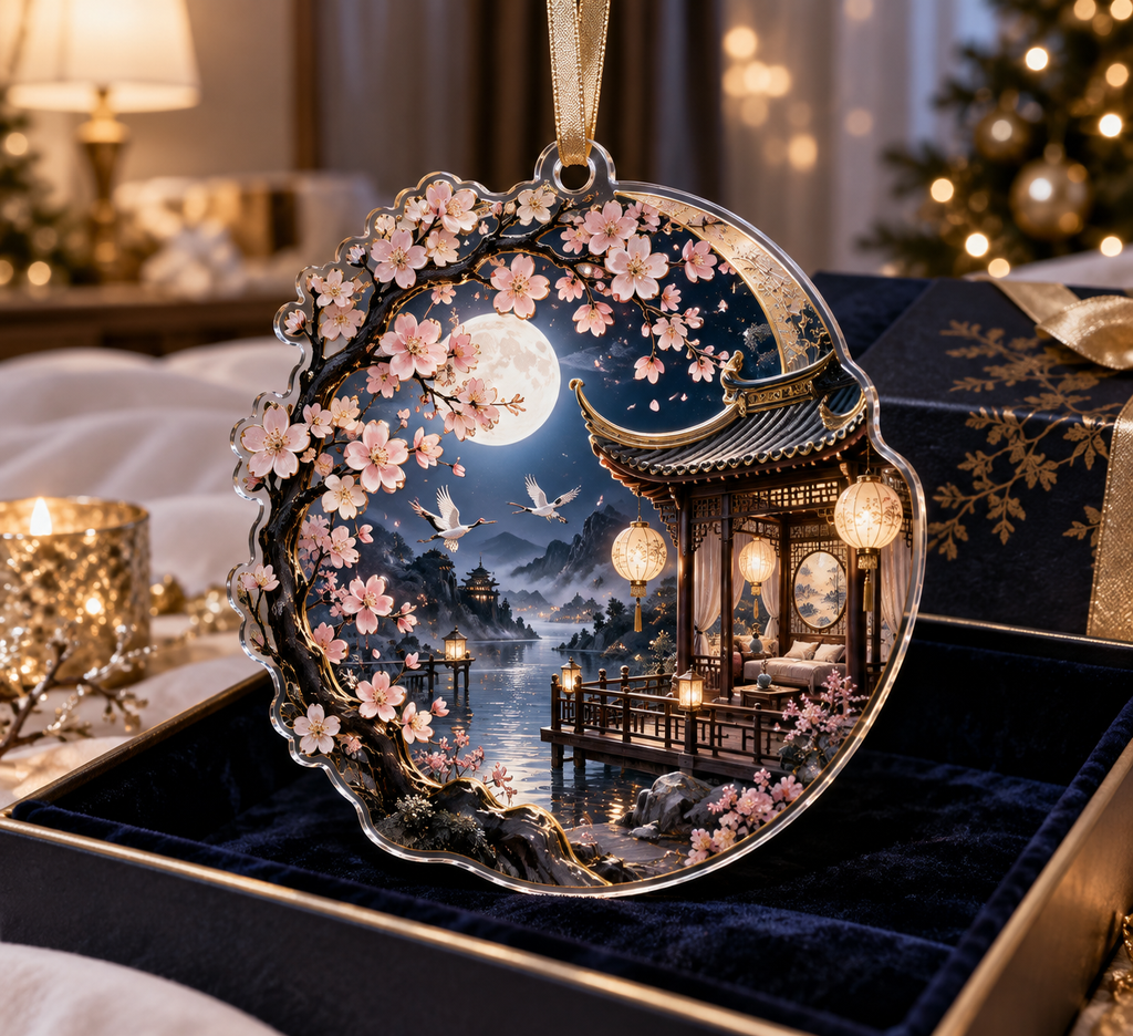 One christmas ornament with an original Sakura Moon Gold Bedroom Pavilion, layered blossoms, gold moons and bedroom-statement depth.