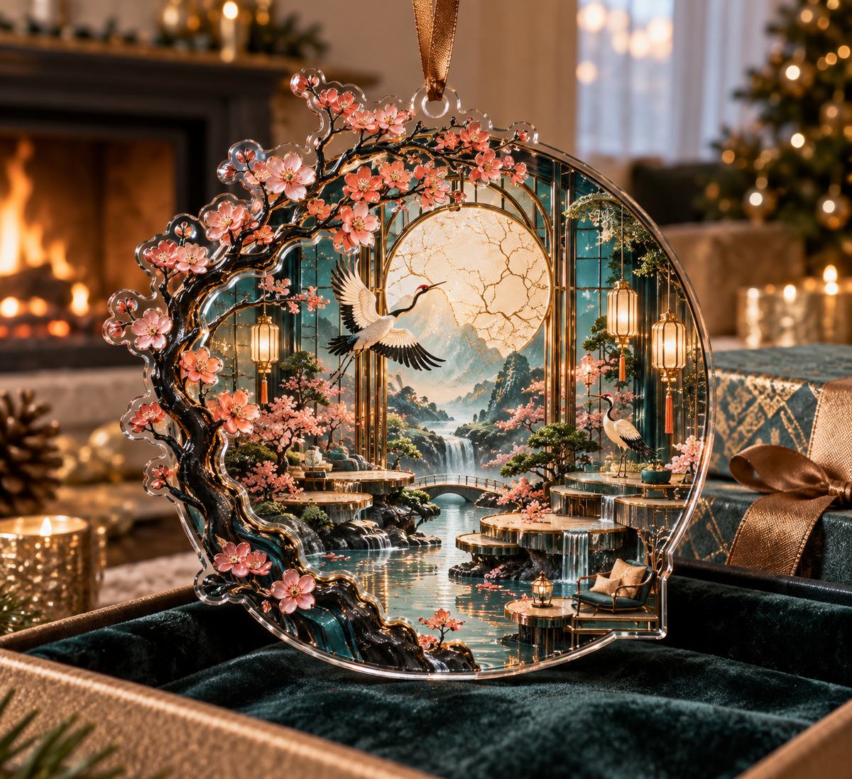 One christmas ornament with an original Sakura Kintsugi Sunroom Gallery, layered portals, coral blossoms and living-room depth.