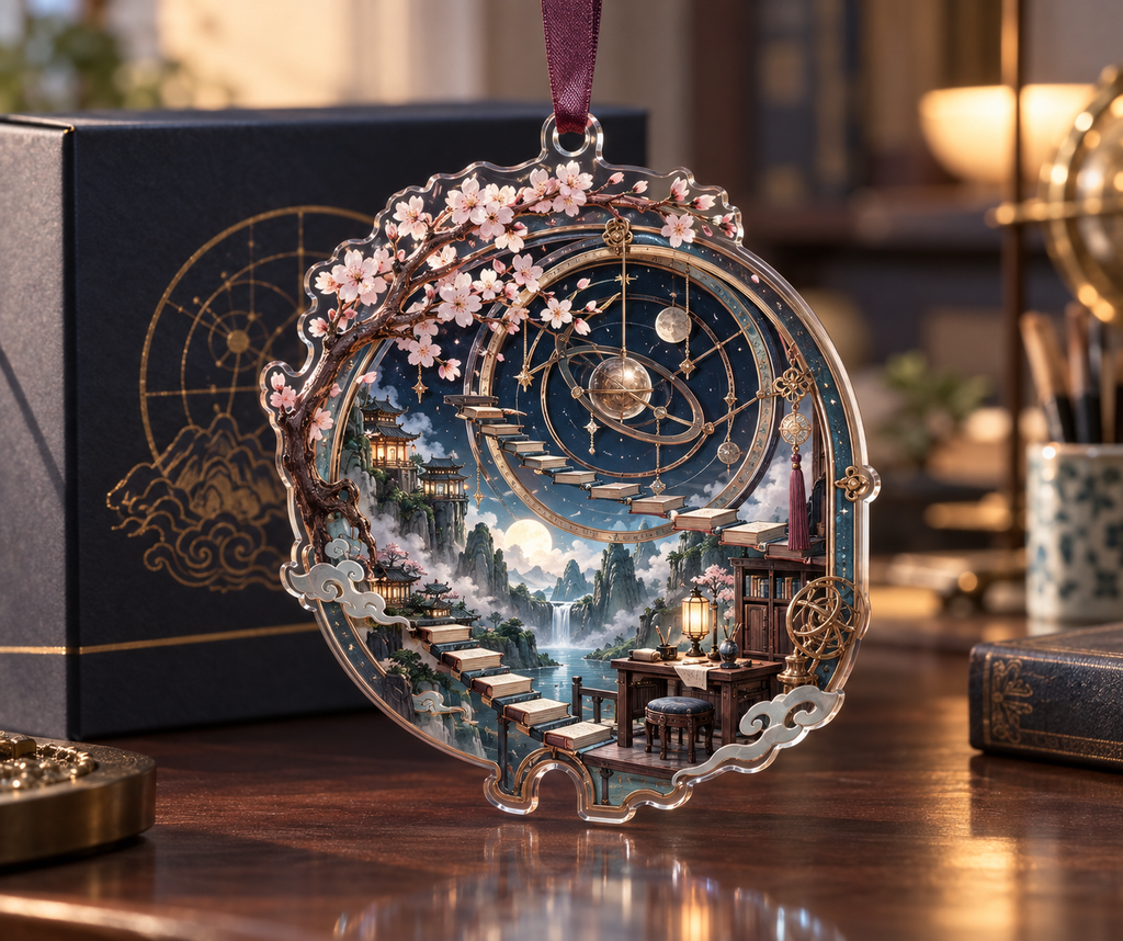 One christmas ornament with an original Sakura Astrolabe Study Window, copper rings, floating books and home-office depth.