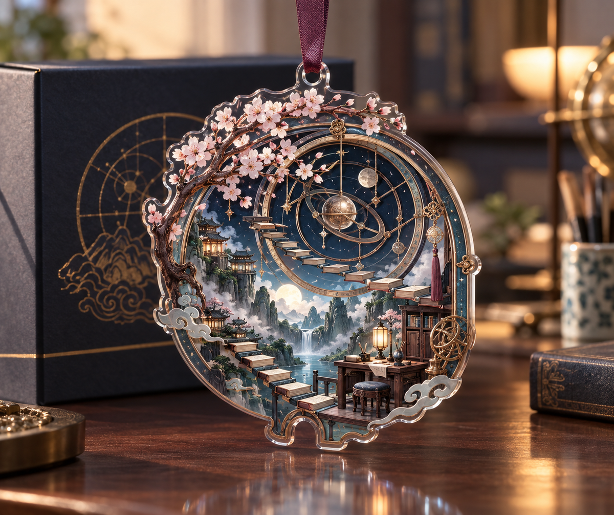 One christmas ornament with an original Sakura Astrolabe Study Window, copper rings, floating books and home-office depth.