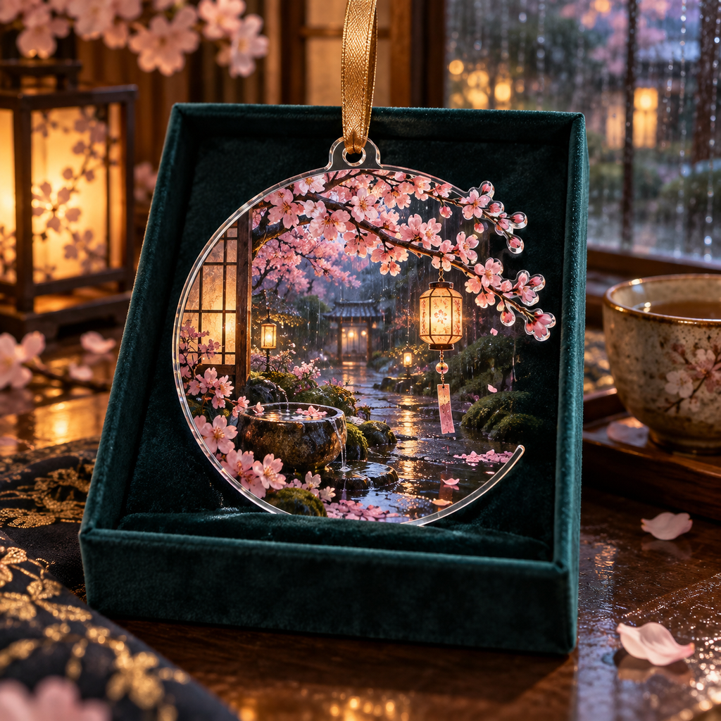 One christmas ornament with an original Sakura Rainlight Tea Nook, crescent windows, lanterns and rainy-garden depth.