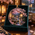 One christmas ornament with an original Sakura Rainlight Tea Nook, crescent windows, lanterns and rainy-garden depth.