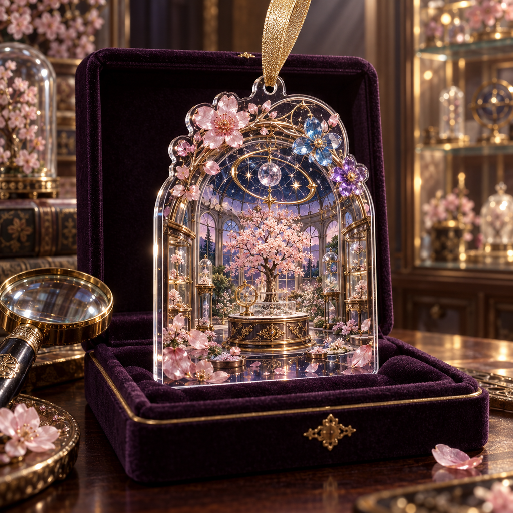 One christmas ornament with an original Sakura Birthstone Curio Conservatory, jeweled blossoms, orrery rings and collector-gallery depth.