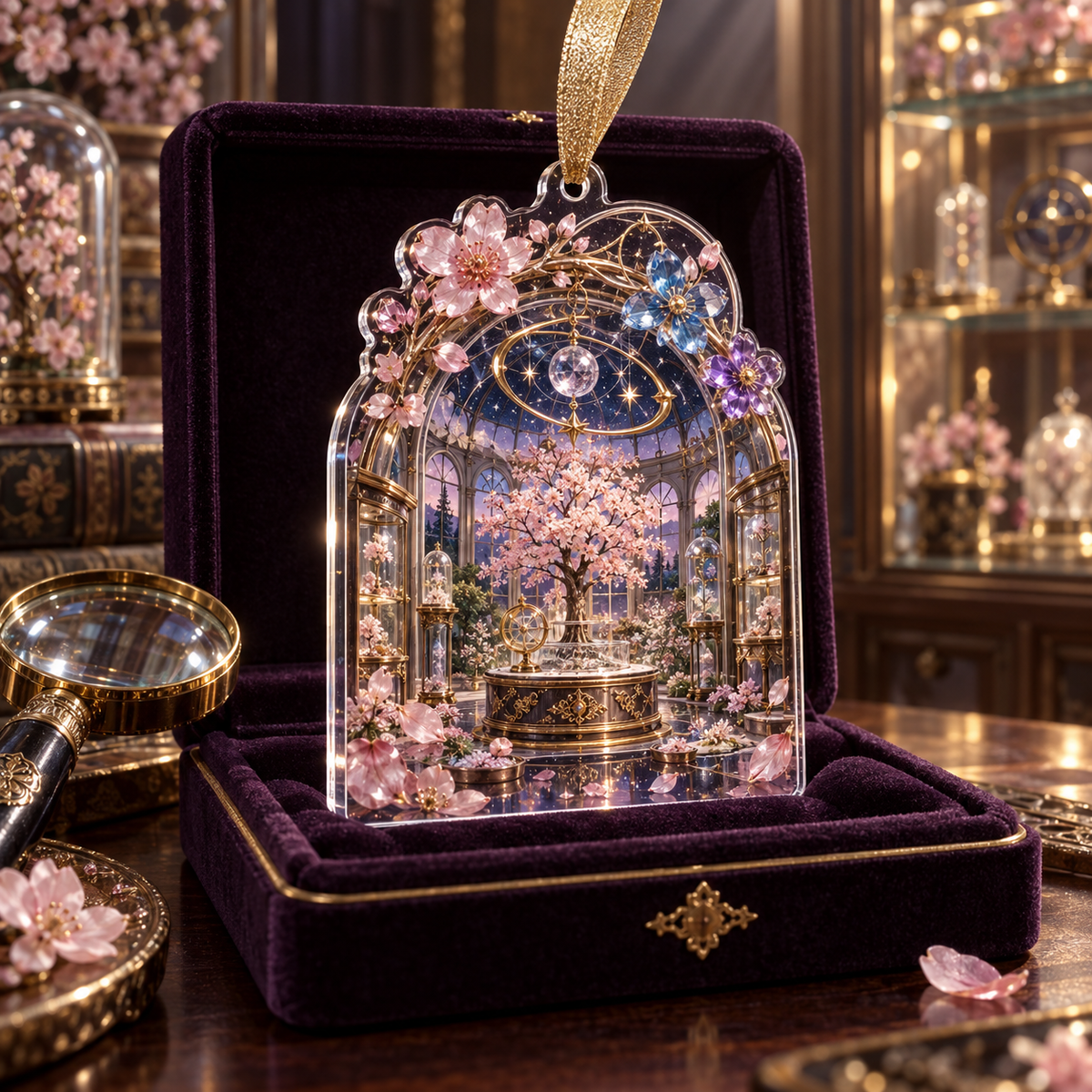 One christmas ornament with an original Sakura Birthstone Curio Conservatory, jeweled blossoms, orrery rings and collector-gallery depth.