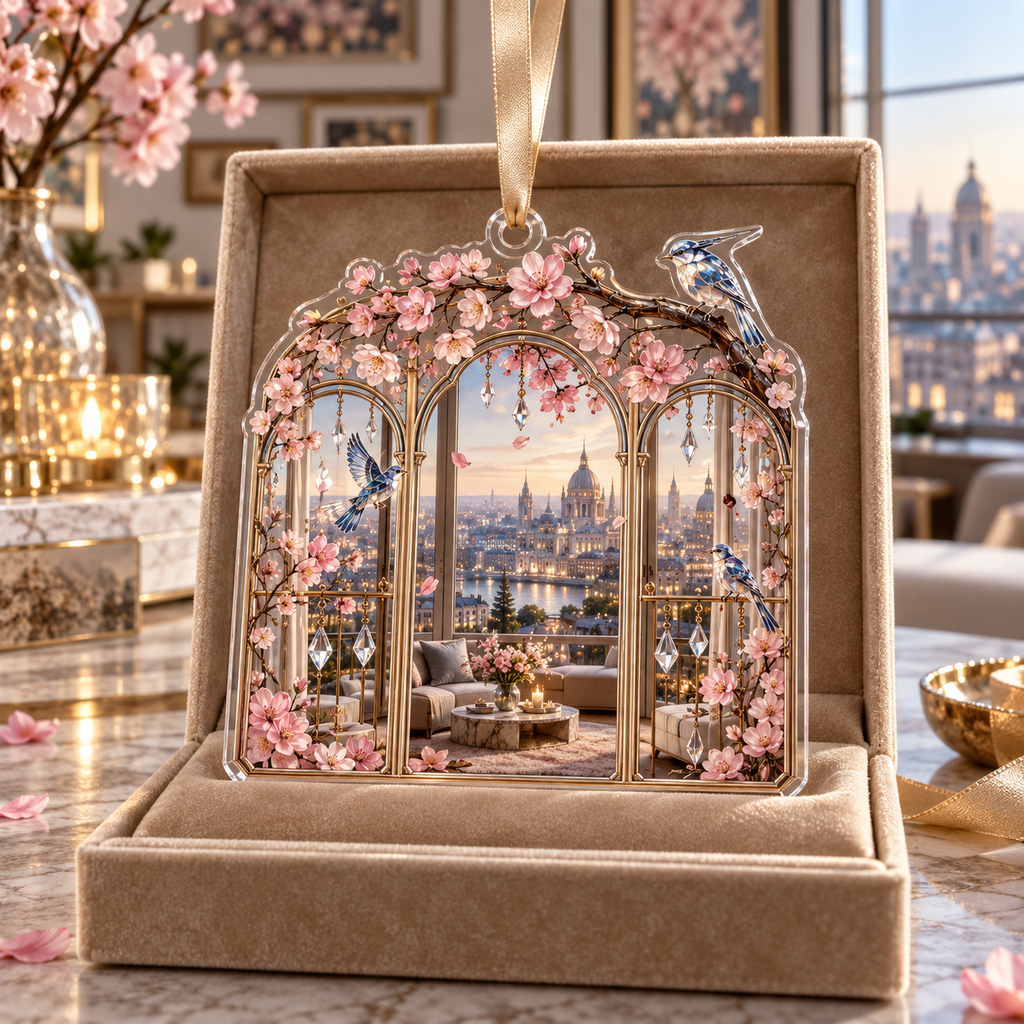 One christmas ornament with an original Sakura Prism Triptych Loft, stained-glass blossoms, prism birds and apartment-gallery depth.