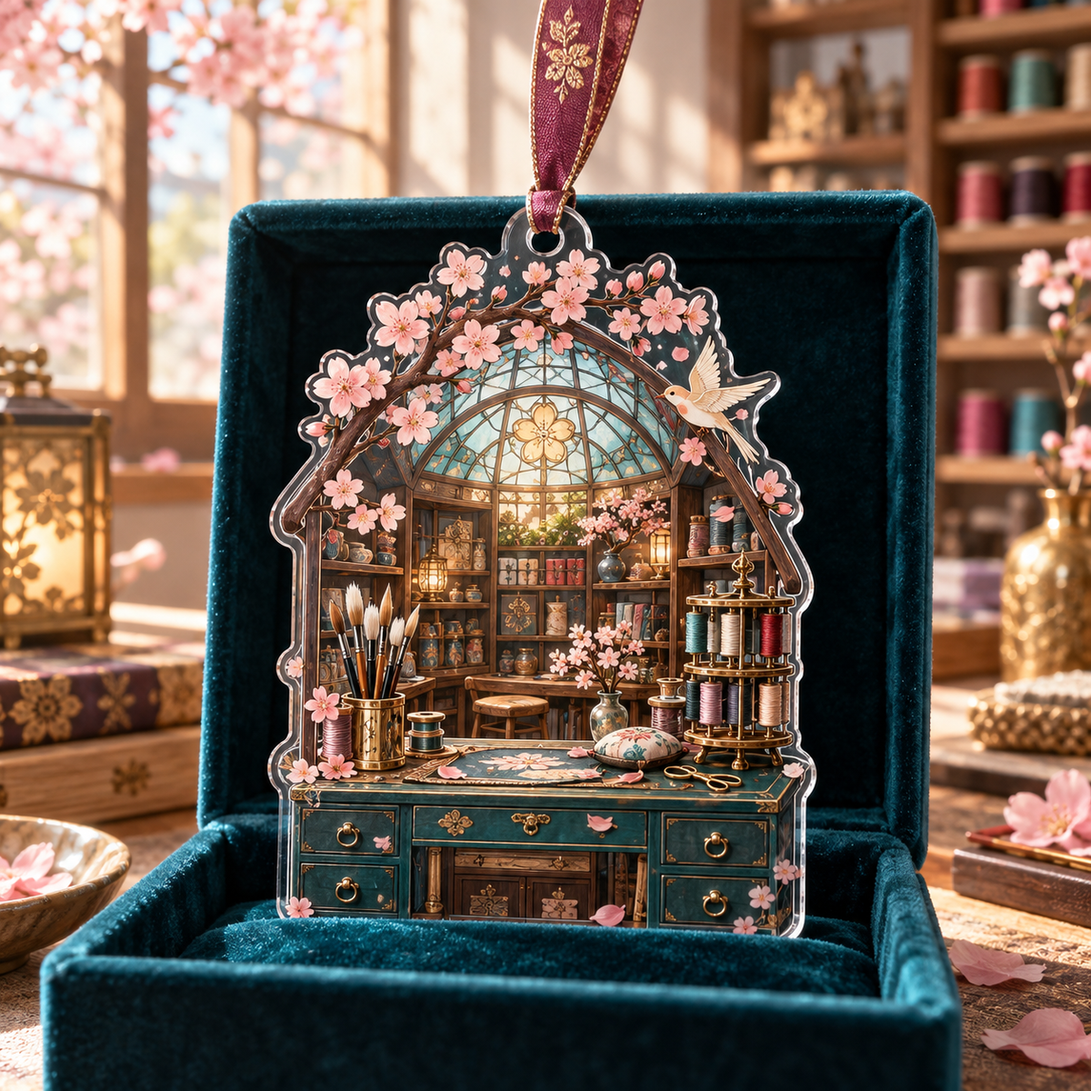 One christmas ornament with an original Sakura Maker Atelier, lacquer cabinets, studio tools and skylit-workshop depth.