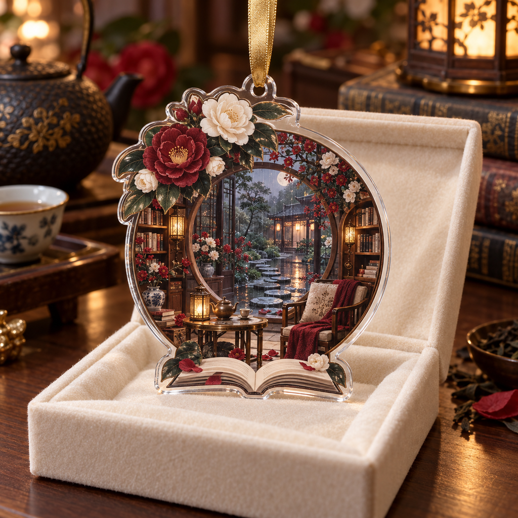 One christmas ornament with an original Camellia Moonwindow Reading Conservatory, tea garden, books and rainlit depth.